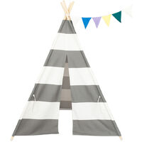 Teepee Tent for Kids, Playing Tent with Coloured Flag and Storage Bag, Playhouse for Boys and Girls (Striped Grey + White)