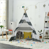 Teepee Tent for Kids, Playing Tent with Coloured Flag and Storage Bag, Playhouse for Boys and Girls (Striped Grey + White)