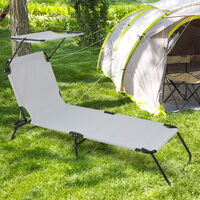 Sun Lounger, Folding Reclining Sun Chair with Sunshade and Adjustable Backrest for Garden Beach Patio (Grey)