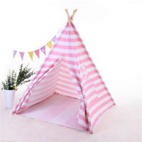 Teepee Tent for Kids, Playing Tent with Coloured Flag and Storage Bag, Playhouse for Boys and Girls (Striped Pink)