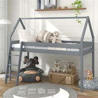 Children's Cabin Bed, 3ft Mid Sleeper Wooden Treehouse Bunk Bed Frame with Canopy & Ladder, Loft Bed for Kids Bedroom Furniture (Gray)