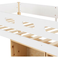 Bunk Bed, 3ft Mid Sleeper Wooden Loft Bed Frame with Movable Cabinet & Ladder for Kids Teens Bedroom Furniture (White + Wood Color)