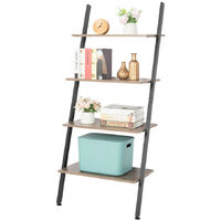 Bookshelf, 4 Tier Industrial Wooden Ladder Shelf with Metal Frame, Floor Standing Storage Shelves for Indoor Living Room Bedroom Office Balcony (Grey)