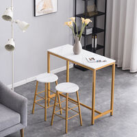 Bar Table Set and Stools of 3, Modern Wooden Dining Table and Round Bar Chairs Set with Marble Effect Top for Home Dining Room Kitchen Furniture (Gold)