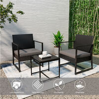 Garden Furniture Set of 3, Rattan Dining Table and 2 Armchairs with 2 Cushion Cove and 1 Coffee Table for Outdoor Patio Balcony Pool Side (Black)