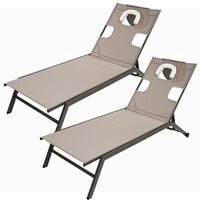 Garden Sun Lounger Set of 2, Sunbed with Reading Hole Adjustable Back and Wheels, Reclining Deck Chairs for Patio Camping Beach (Brown)