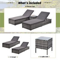 Rattan Sun Lounger Set of 3, Garden Wicker Recliners with Adjustable Backrest, Coffee table, Padded cushion (Gray)
