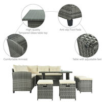 Garden Furniture Set 9-seater, Rattan Wicker Corner Dining Sofa Set with 4 Ottoman for Outdoor (Gray + Beige)