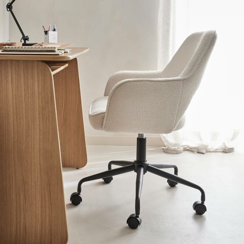 Chaise de bureau pivotante sur roulettes en bois et PU blanc ADELMAR