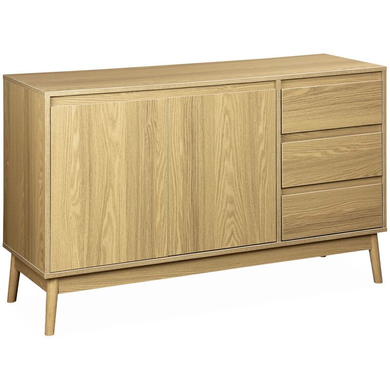 Buffet Scandinave 3 Portes 2 Tiroirs - Blanc Mat & Chêne Hamilton 121,5x39,6x85,6cm
