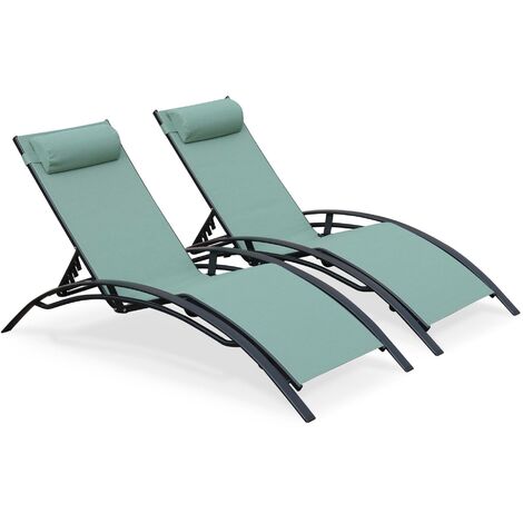 Duo de bains de soleil en aluminium et textilène Louisa Anthracite / Vert de gris