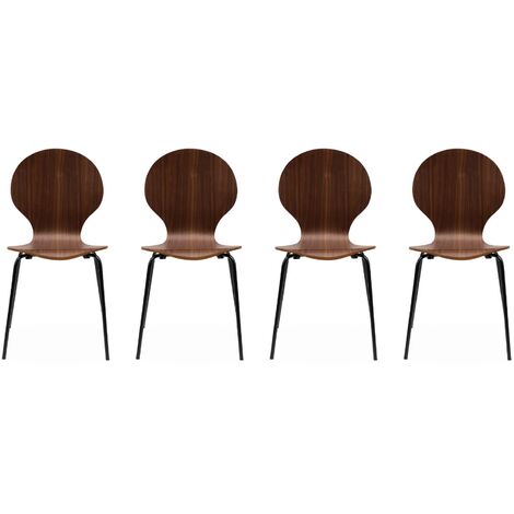 Lot de 4 chaises noyer. rétro empilables. bois d'hévéa et contreplaqué. pieds en acier. Naomi. L 43 x P 48 x H 87cm (1/5)