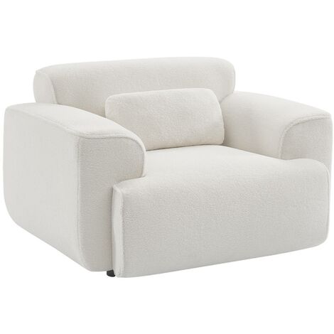 Fauteuil tissu bouclette blanche. lignes arrondis. coussin fourni. Wallas. L 116 x P 97 x H 73cm (1/5)