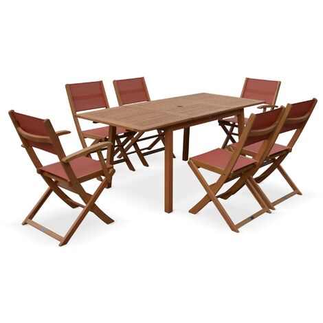 Salon de jardin en bois Almeria. table 120-180cm rectangulaire. 2 fauteuils et 4 chaises eucalyptus et textilène Bois / Terracotta (1/5)