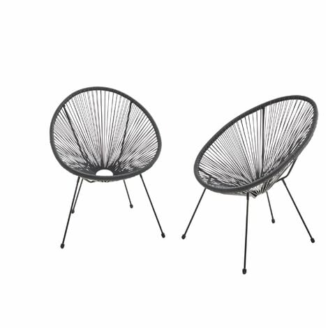 Lot de 2 fauteuils design Oeuf - Acapulco Noir - Fauteuils 4 pieds design rétro, cordage plastique, intérieur / extérieur - Noir