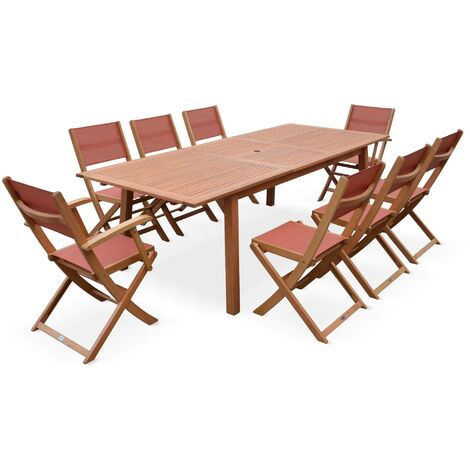 Salon de jardin en bois Almeria. grande table 180-240cm rectangulaire 2 fauteuils 6 chaises eucalyptus et textilène Bois / Terracotta (1/5)