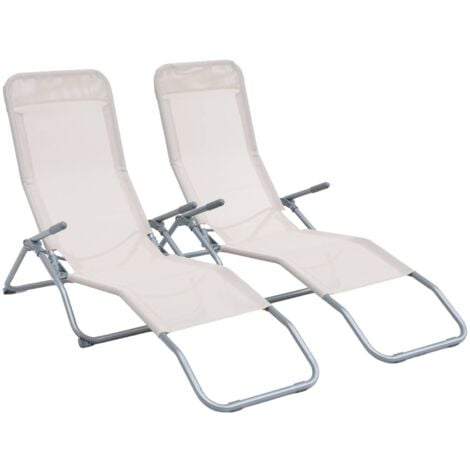 Lot de 2 bains de soleil pliants - Levito Taupe - Transats textilène 2 positions. chaises longues