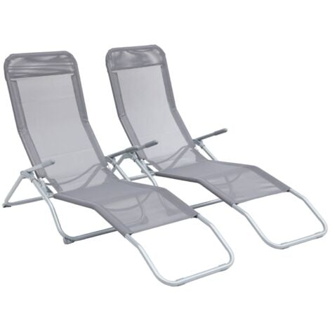 Lot de 2 bains de soleil pliants - Levito Gris Anthracite - Transats textilène 2 positions. chaises longues