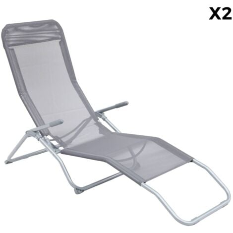 Lot de 2 bains de soleil pliants - Levito Gris Anthracite - Transats textilène 2 positions. chaises longues