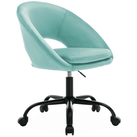 Chaise de bureau ronde à roulettes en velours bleu. Pam. L 59 x P 60 x H 79 / 89cm. (1/5)
