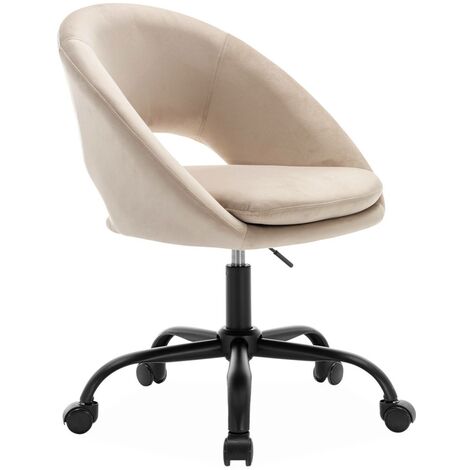 Chaise de bureau ronde à roulettes en velours blanc cassé. Pam. L 59 x P 60 x H 79 / 89cm (1/5)