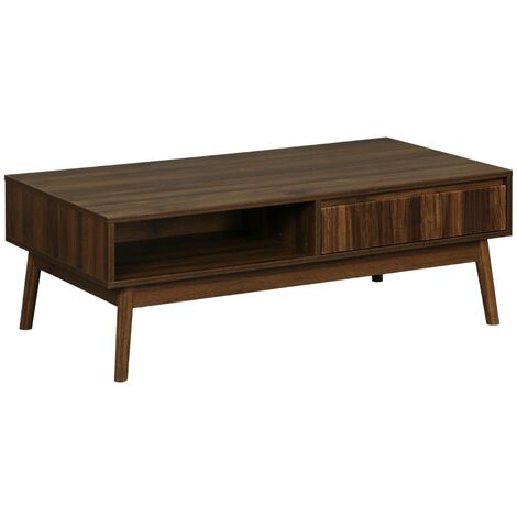 Table basse couleur teinté noyer. Linear. décor bois rainuré.  pieds compas. 2 niches. 1 tiroir.  L 110 x l 59 x H 39cm (1/5)