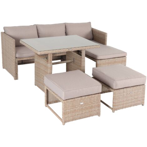 Salon de jardin 6 places - Reggiano - Table de jardin avec canapé. méridienne et 2 poufs encastrables Naturel / Beige (1/5)