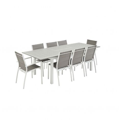 Salon de jardin Chicago 8 places table à rallonge extensible 175/245cm alu  textilène Blanc / Taupe