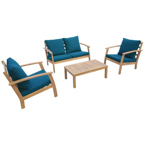 Sweeek – Salon de jardin en acacia 4 places – Canapé, 2 fauteuils et table basse – Coussins déhoussables, structure légère – Design moderne bleu canard (1/5)