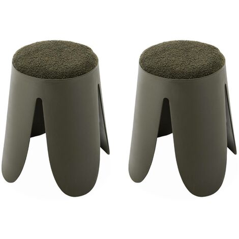 Set de 2 tabourets empilables vert foncé . bouclette texturée. NIKI. Ø30 / 44 x H46cm