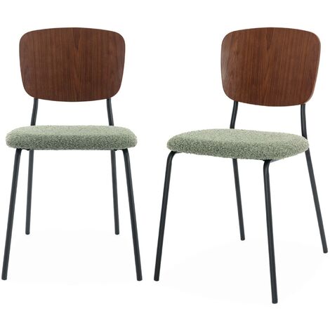 Lot de 2 chaises assise bouclette texturée verte. dossier bois de peuplier courbé. pieds en métal noir mat (1/5)