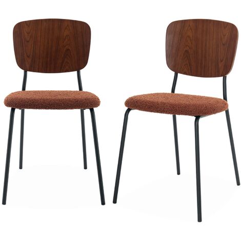 Lot de 2 chaises assise bouclette texturée terracotta. dossier bois de peuplier courbé. pieds en métal noir mat (1/5)