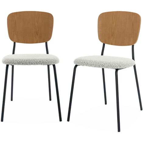 Lot de 2 chaises assise bouclette texturée blanche. dossier bois de peuplier courbé. pieds en métal noir mat (1/5)