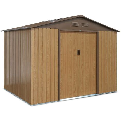 Abri de jardin en métal - FERRAIN 5.29m² couleur chêne - Cabane à outils avec deux grandes portes coulissantes. kit de fixation sol inclus. maison de rangement. remise