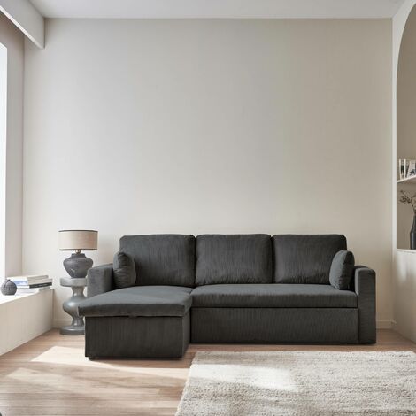 Canapé d'angle convertible en velours côtelé  - IDA - 3 places. fauteuil d'angle réversible coffre rangement lit modulable Velours côtelé Gris foncé