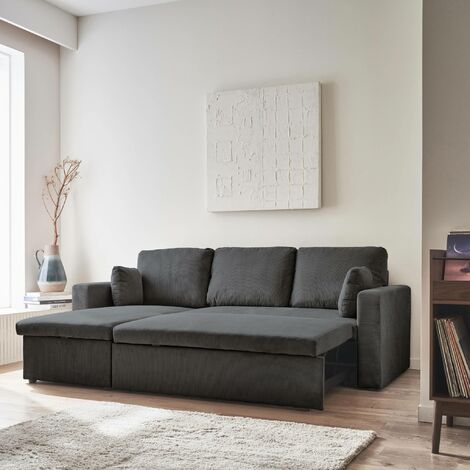 Canapé d'angle convertible en velours côtelé  - IDA - 3 places. fauteuil d'angle réversible coffre rangement lit modulable Velours côtelé Gris foncé