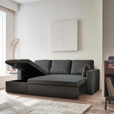 Canapé d'angle convertible en velours côtelé  - IDA - 3 places. fauteuil d'angle réversible coffre rangement lit modulable Velours côtelé Gris foncé