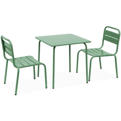 Salon de jardin enfant. table et chaises en métal - Anna vert de gris. 2 places. table et chaises. 48x48cm (1/5)