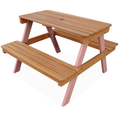 Table Pique-Nique Enfant Bois 145x145cm Avec 3 Bancs - Trou Parasol Ø52cm - Pour Jardin, Cour - Naturel