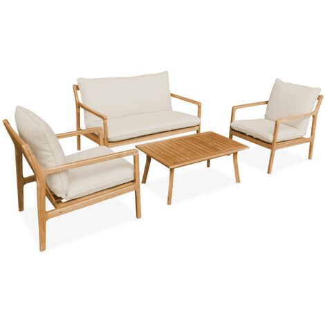 Sweeek – Salon de jardin en bois d'acacia 4 places – Coussins déhoussables et gansés – Table 90x55cm – Canapé 2 places et fauteuils (1/5)