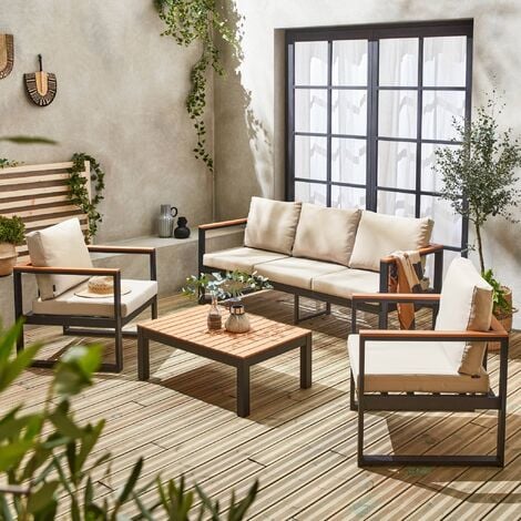 Salon de jardin 5 places en aluminium et eucalyptus – NAZCA Noir / Beige