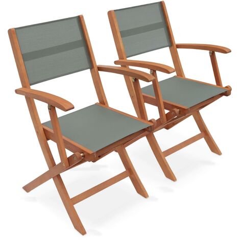 Fauteuils de jardin en bois et textilène - Almeria kaki - 2 fauteuils pliants en bois d'Eucalyptus huilé et textilène