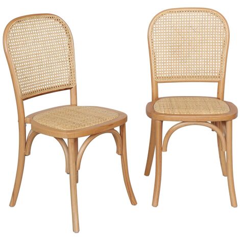 Lot de deux chaises naturelles vintage en bois avec assise et dossier en rotin (1/5)