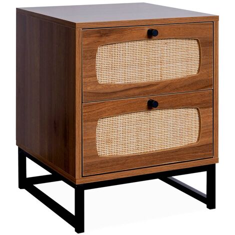 Table de chevet en décor bois et cannage avec pieds et poignées en métal noir (1/5)
