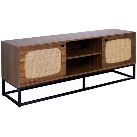 Meuble TV en décor bois et cannage arrondi 140cm. piètement et poignées en métal noir (1/5)