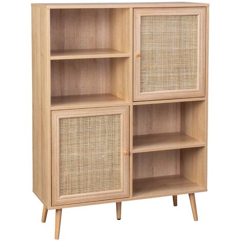 Buffet de rangement cannage et effet bois. buffet haut. vaisselier. 2 portes et 2 étagères style bohème 90cm (1/5)