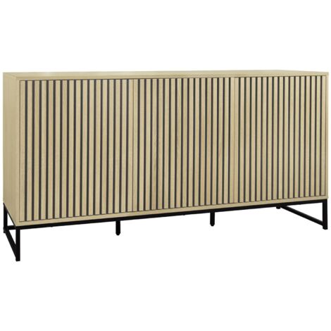 Buffet style contemporain avec 3 portes effet bois rainuré ouverture par pression. buffet bas. piètement en métal noir L160cm (1/5)