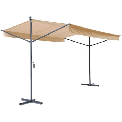 Store double pente - Penne 4x3m Beige - Système manuel à manivelle. auvent sur pieds. store de terrasse largeur 395cm