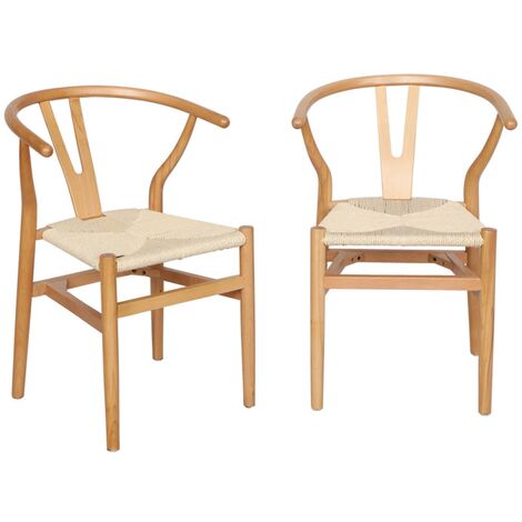 Lot de deux chaises vintage naturelles en bois d'hévéa avec assise en cordes et dossier arrondi (1/5)
