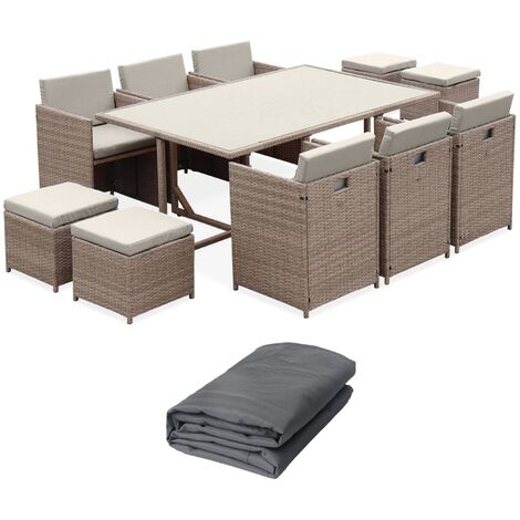 Salon de jardin résine tressée 6-10 places + Housse de protection gris foncé polyester Beige / Beige (1/5)